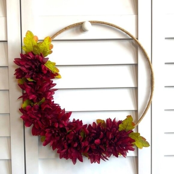 Other - 3/$10 Burgundy Wine Mum Flower Leaf Floral Decor Fall Twine Tweed Hoop Wreath